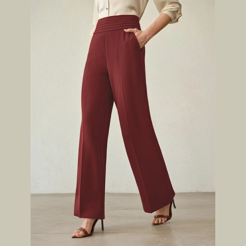 Burgundy Pleated Waistband Wide Leg Pocket Trousers
